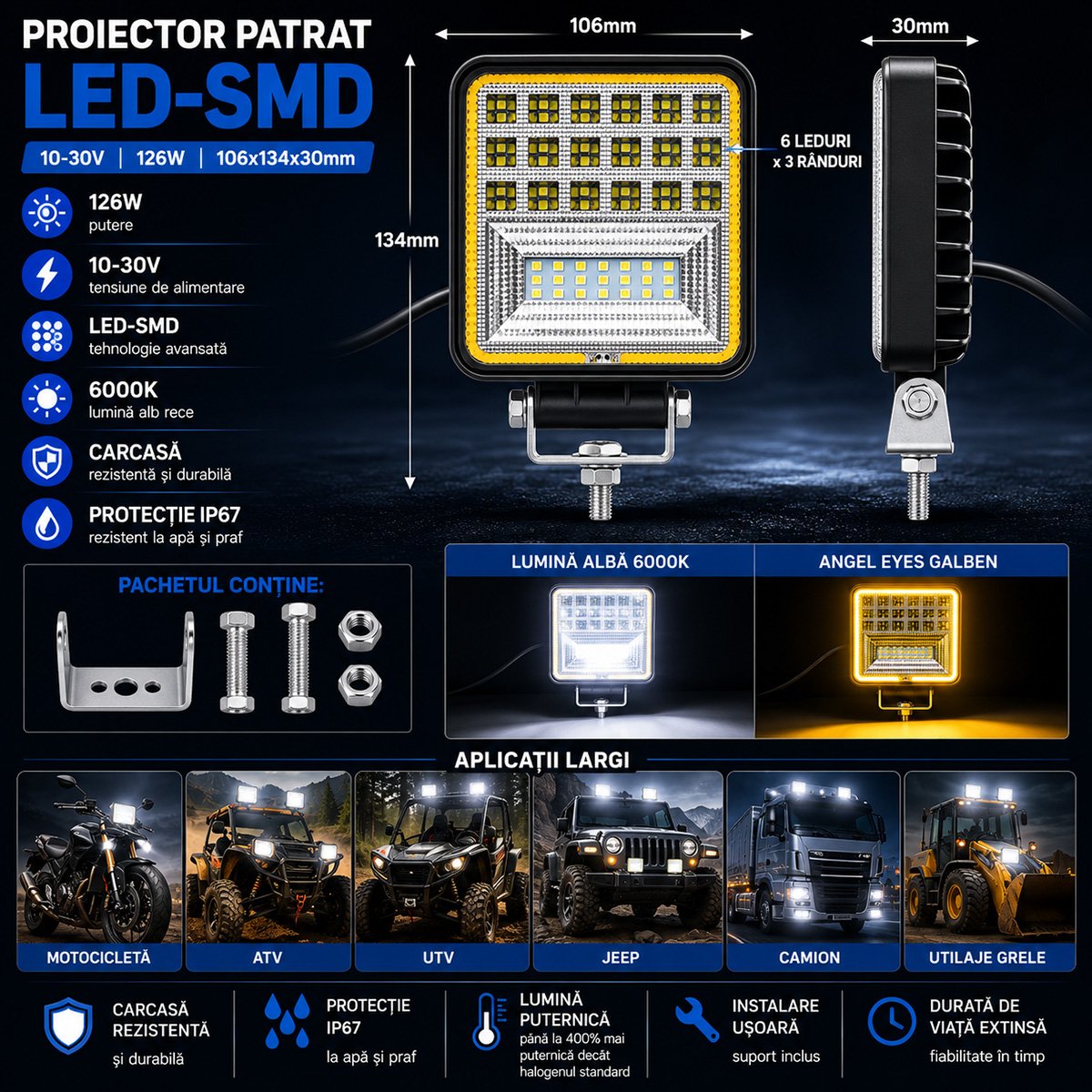 Proiector patrat LED cu DRL 126W, 10-30V, alb-galben, carcasa aluminiu 106x134x30mm Breckner Germany [4]