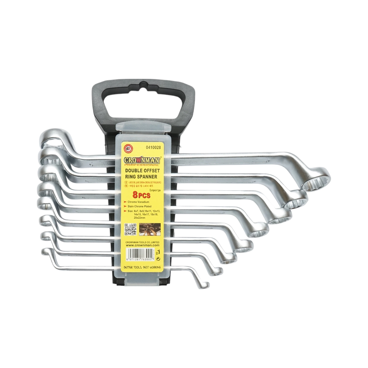 Chei si truse de chei - Set 8 chei inelare cotite in suport cu clema 6-22 mm Cr-V Crownman