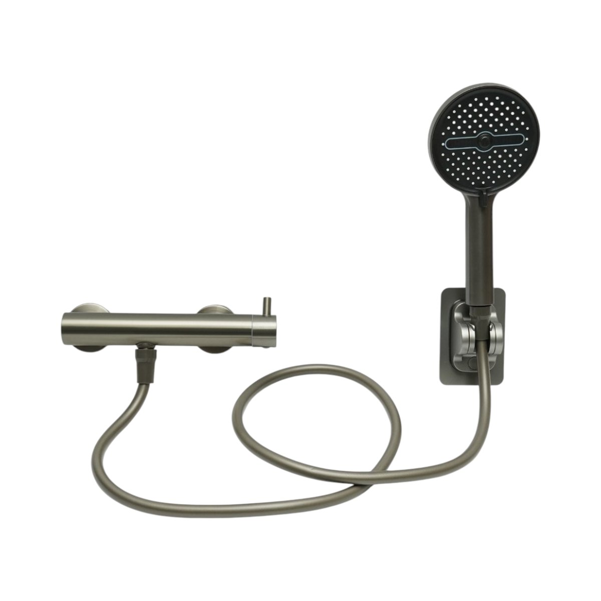 Seturi si accesorii dus - Set baterie dus baie monocomanda cu para, furtun si suport perete, grafit mat, otel inoxidabil