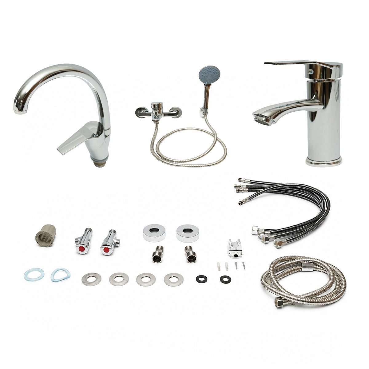 Seturi si accesorii dus - Set baterii baie si bucatarie 3 in 1, baterie cada cu para dus si furtun, baterie lavoar, baterie chiuveta bucatarie, monocomanda, crom lucios, aliaj zinc, furtunuri incluse