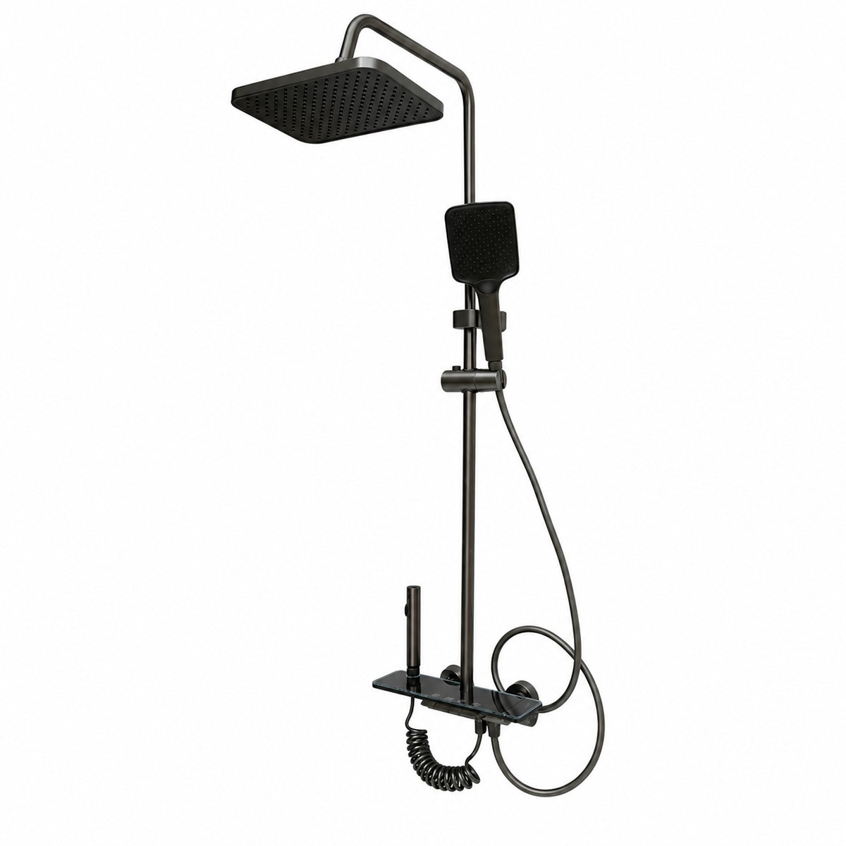Seturi si accesorii dus - Set dus multifunctional cu termostat, 4 functii de curgere a apei, pipa cada, dus dreptunghiular tip ploaie, para de dus, dus bideu, grafit mat, aluminiu
