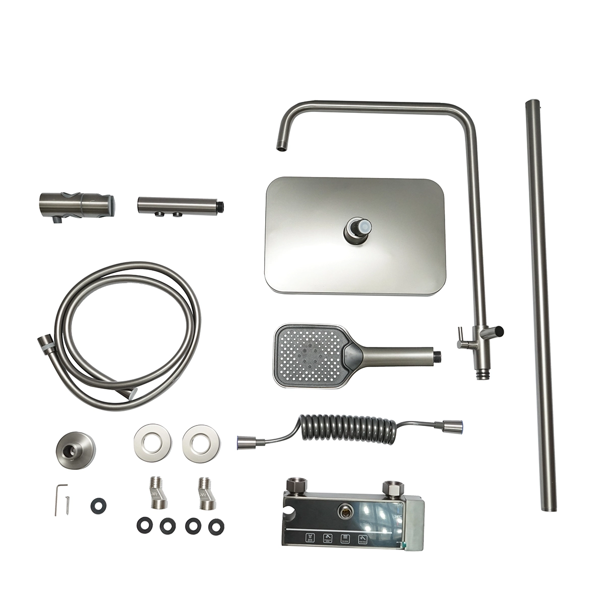 Set dus multifunctional cu termostat, afisaj digital temperatura apa, 4 functii de curgere a apei, pipa cada, dus dreptunghiular, dus de mana, dus bideu, gri [1]