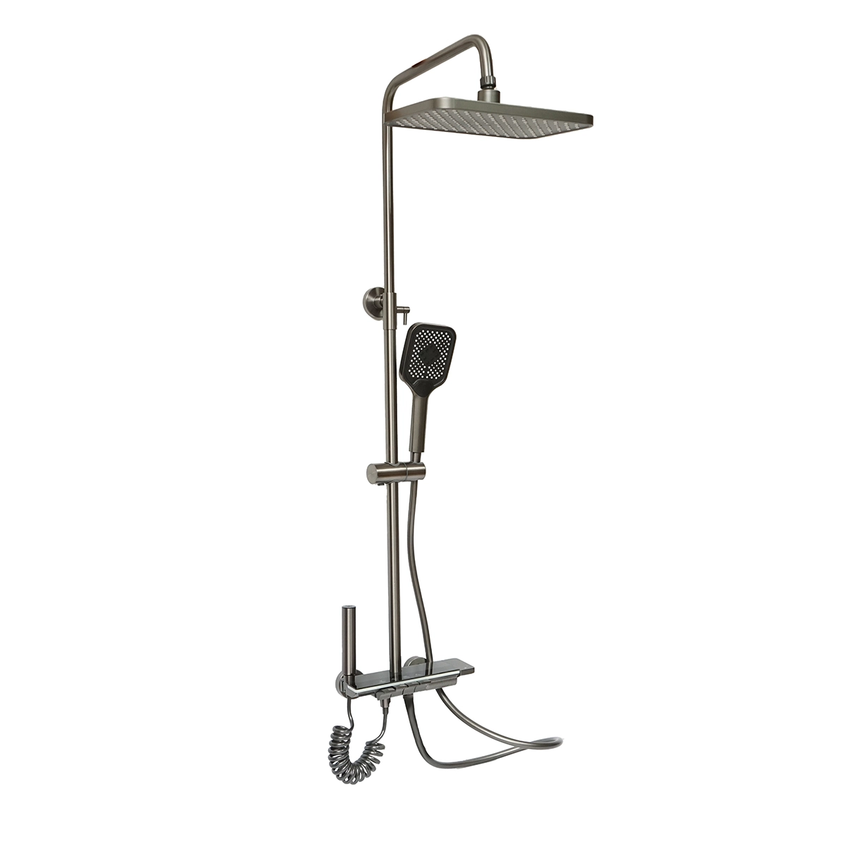 Seturi si accesorii dus - Set dus multifunctional cu termostat, afisaj digital temperatura apa, 4 functii de curgere a apei, pipa cada, dus dreptunghiular, dus de mana, dus bideu, gri