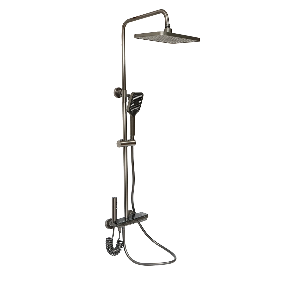 Seturi si accesorii dus - Set dus multifunctional cu termostat, afisaj digital temperatura apa, 4 functii de curgere a apei, pipa cada, dus dreptunghiular, dus de mana, dus bideu, gri