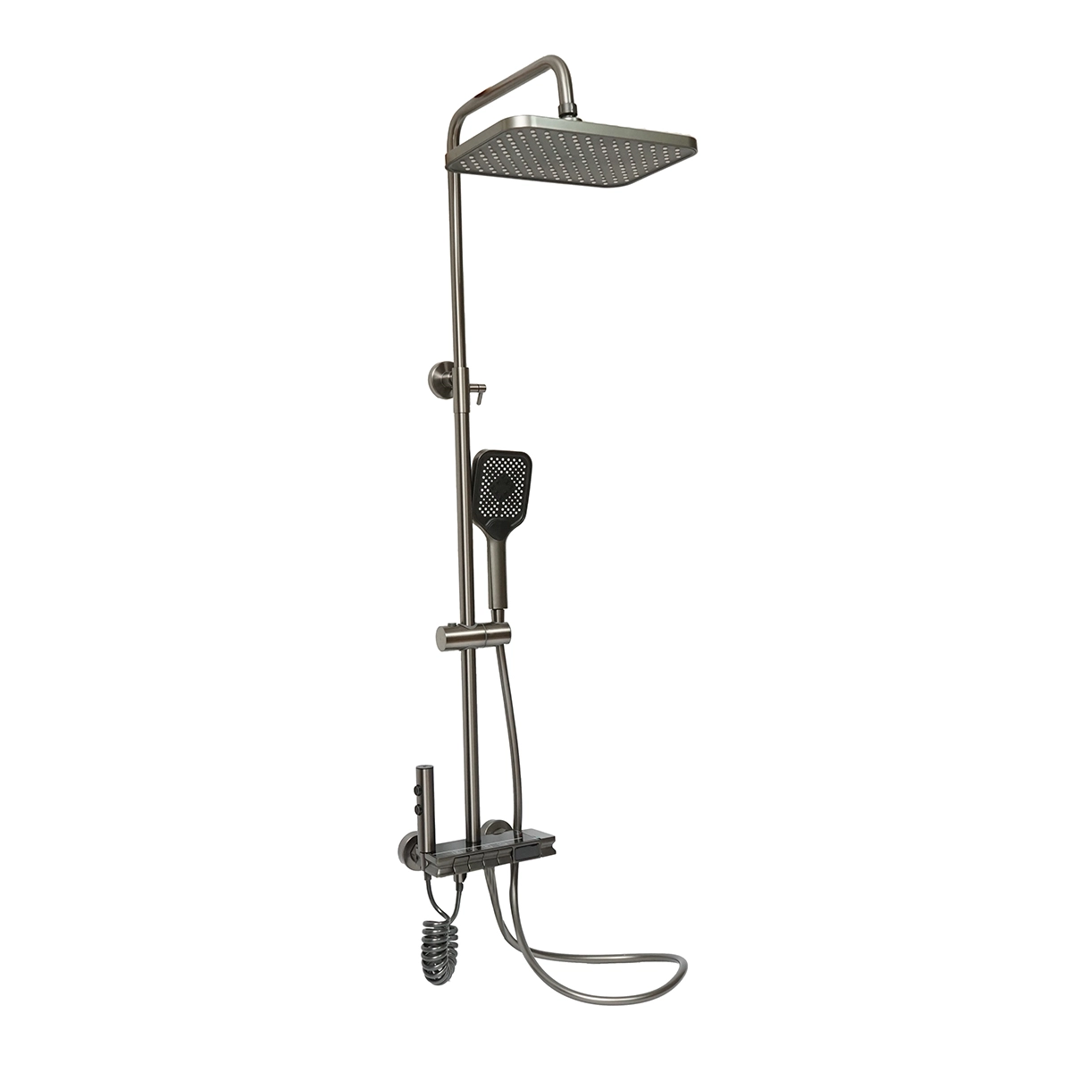Seturi si accesorii dus - Set dus multifunctional cu termostat, afisaj digital temperatura apa, 4 functii de curgere a apei, pipa cada, dus dreptunghiular, dus de mana, dus bideu, gri