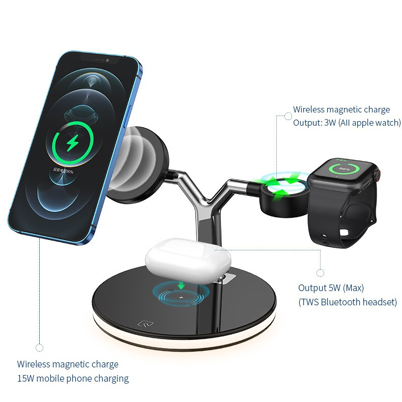 Statie de Incarcare 3 in 1, Incarcator MagSafe Wireles Charger, Compatibil cu Apple iPhone, iWatch, AirPods, New Design, Max 25W, 14 x 14 x 10 cm, Negru [3]