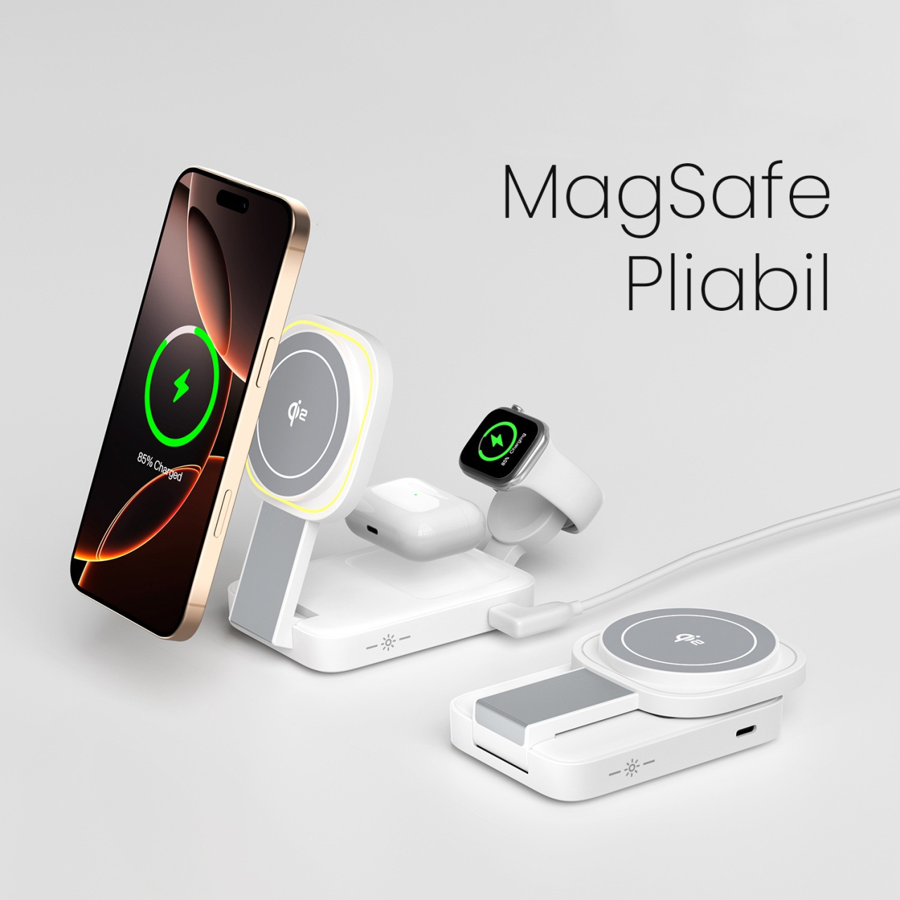 Statie de Incarcare MagSafe 3 in 1, Magnetica Wireles Charger, Compatibil cu Apple iPhone, iWatch, AirPods, New Design, Max 23W, 11 x 6.5 x 2.9 cm Alb Ivory [3]