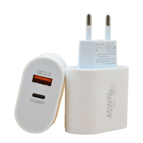 Incarcatoare telefoane - Incarcator Fast Charge pentru Telefon, Power Delivery 45W, Dual Port USB-A Q.C 3.0 si Type-C PD45W, Compatibil cu orice Telefon, Alb