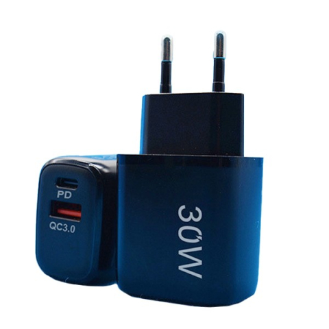 Incarcatoare telefoane - Incarcator Fast Charging pentru Telefon,Dual Port USB-A si USB-C cu Cap de Incarcare Standard European, 30W Q.C 3.0, Negru