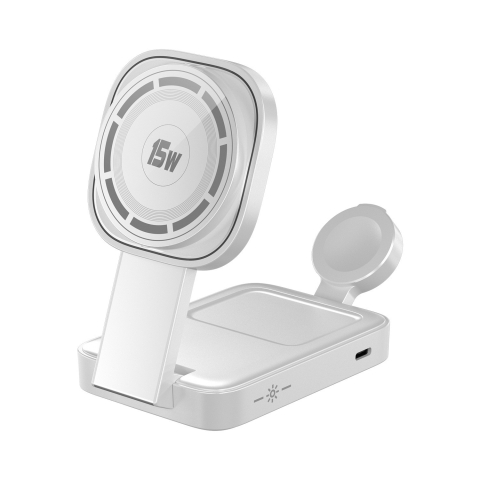 Incarcatoare wireless - Statie de Incarcare MagSafe 3 in 1, Magnetica Wireles Charger, Compatibil cu Apple iPhone, iWatch, AirPods, New Design, Max 23W, 11 x 6.5 x 2.9 cm Alb Ivory