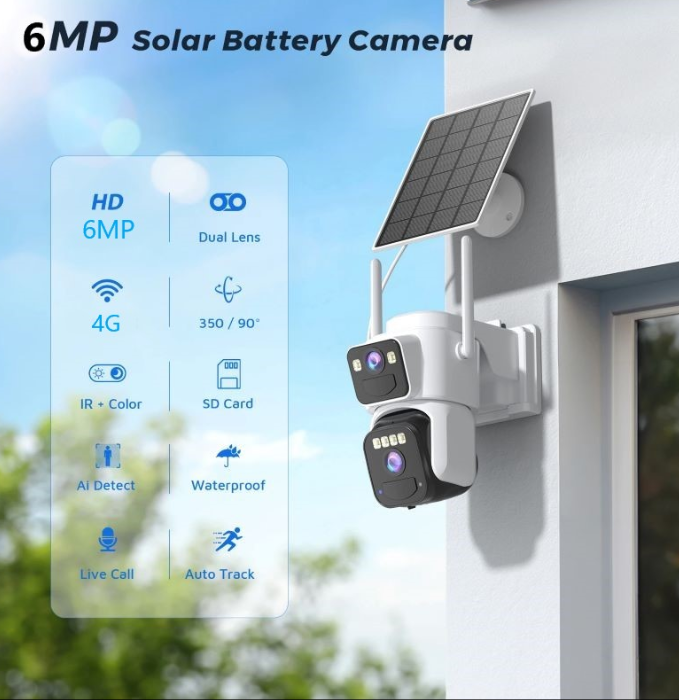Camera de supraveghere 4G cu Panou Solar Dubla, 2 camere video integrate, 6MP, 4K, Vedere Panoramica, 2 lentile, 8X zoom [3]