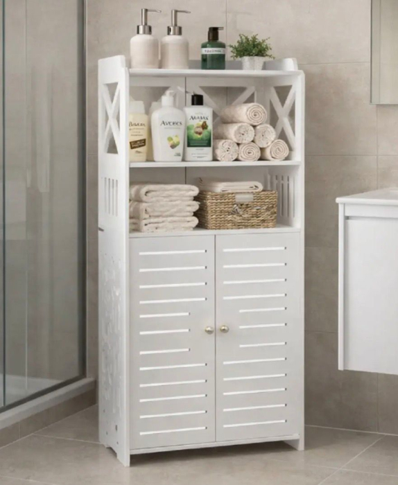 Dulap dublu depozitare baie , Rafturi superioare, Dulap inferior cu 2 usi, Mobilier modern, Rezistent la umezeala, pentru toaleta sau spatii inguste, 40x25x90 cm, Alb [4]