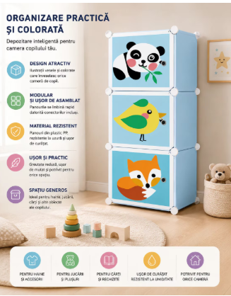 Dulap modular pentru copii, cu 3 compartimente, design animale, panda, pasare, vulpe, organizator jucarii si haine, multicolor [2]