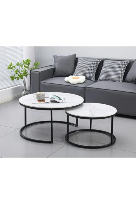 Set de 2 măsuțe de cafea rotunde cu blat aspect marmură și cadru metalic ,80 x 43 cm [2]
