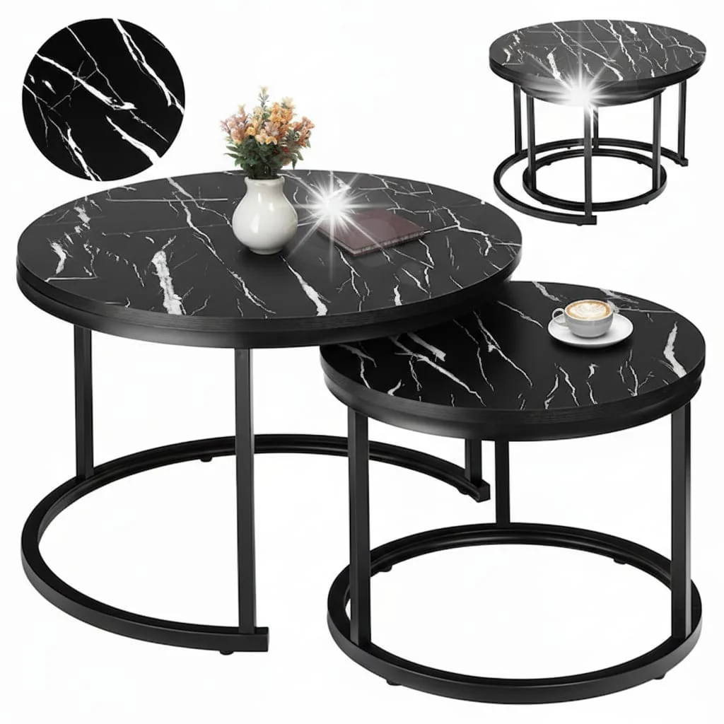 Set de 2 măsuțe de cafea rotunde cu blat aspect marmură și cadru metalic ,80 x 43 cm [2]