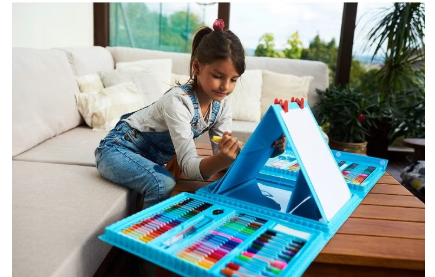 Set de desen, fara marca, 208 piese, cutie albastra, 12 culori, pentru copii peste 3 ani, diverse personaje, XXL, setul include: creioane colorate [6]