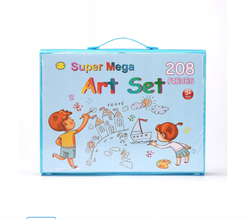 Set de desen, fara marca, 208 piese, cutie albastra, 12 culori, pentru copii peste 3 ani, diverse personaje, XXL, setul include: creioane colorate [4]