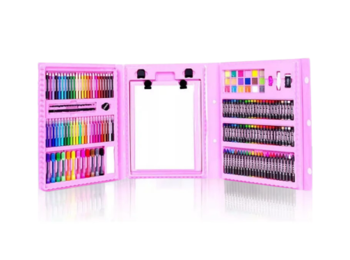 Set de pictura si desen pentru copii, LuckyLu®, 208 piese, creativitate, creioane colorate, carioci, pasteluri de ulei si acuarele, non-toxice, 34x35.5x5, roz [3]