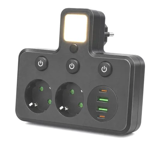 Prelungitoare si accesorii - Adaptor Multipriză 2500W cu 2 Prize Schuko, 2 USB-A, 2 USB-C PD, Lumină LED de Veghe, Întrerupătoare Individuale, Negru