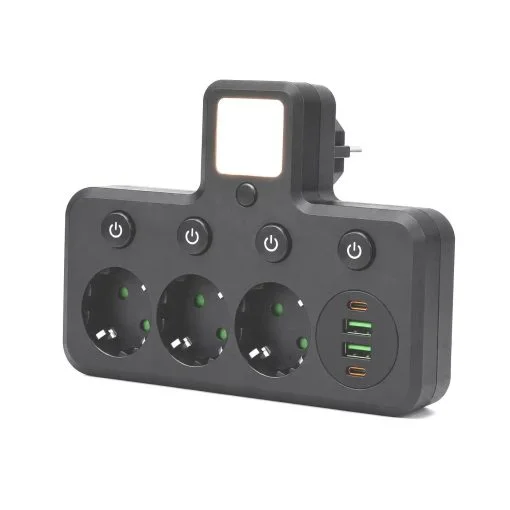 Prelungitoare si accesorii - Adaptor Multipriză POWER-SOCKET, 3 Prize Schuko, 2 USB-A, 2 USB-C PD, Lumină LED de Veghe, Întrerupătoare Individuale, 2500W