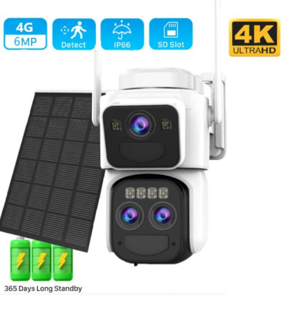 CAMERE SUPRAVEGHERE - Camera de supraveghere 4G cu Panou Solar Dubla, 2 camere video integrate, 6MP, 4K, Vedere Panoramica, 2 lentile, 8X zoom