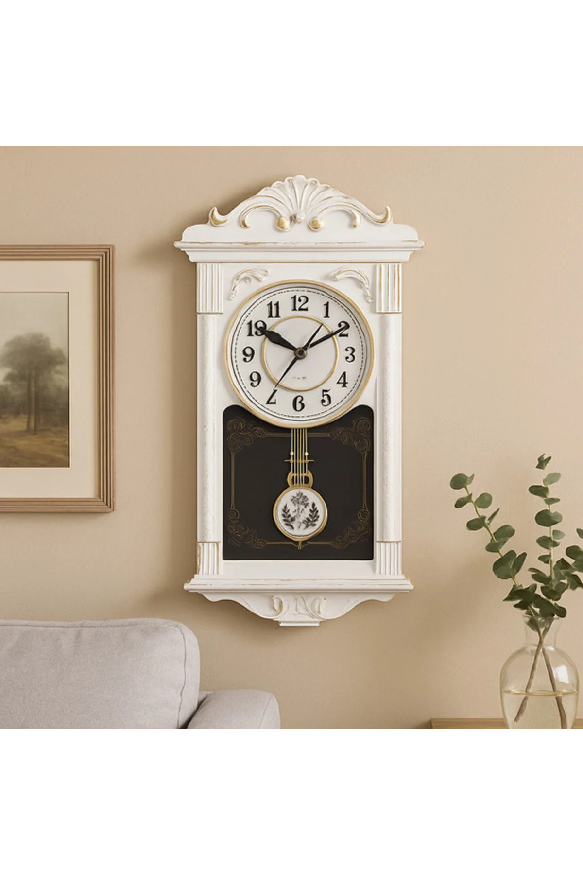 Casa si Decoratiuni - Ceas de perete cu pendul stil vintage, ramă albă și detalii aurii ,41 cm x 22 cm x 7 cm