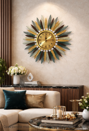 CASA SI GRADINA - Ceas de perete decorativ, design modern floare, metalic, 73cm