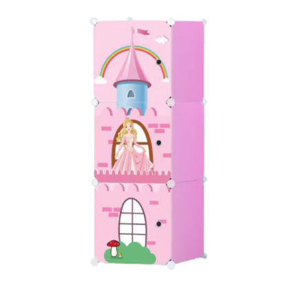 Produse copii - Dulap Modular Camera Copii, Model Castel, 3 Compartimente, Roz, 111x37x37 cm, Cadru Otel Premium Anticoroziv si Antizgarieturi, Polita 10 kg, Polipropilena Rezistenta la Apa si Praf