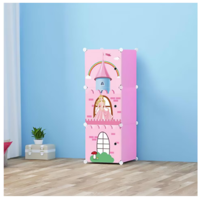 Dulap Modular Camera Copii, Model Castel, 3 Compartimente, Roz, 111x37x37 cm, Cadru Otel Premium Anticoroziv si Antizgarieturi, Polita 10 kg, Polipropilena Rezistenta la Apa si Praf [1]