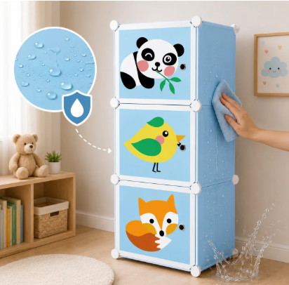 Dulap modular pentru copii, cu 3 compartimente, design animale, panda, pasare, vulpe, organizator jucarii si haine, multicolor [3]