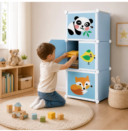 Dulap modular pentru copii, cu 3 compartimente, design animale, panda, pasare, vulpe, organizator jucarii si haine, multicolor [2]