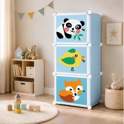 Produse copii - Dulap modular pentru copii, cu 3 compartimente, design animale, panda, pasare, vulpe, organizator jucarii si haine, multicolor