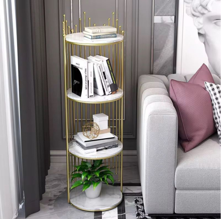 CASA SI GRADINA - Etajeră decorativă cu 4 rafturi rotunde tip marmură și cadru metalic auriu ,32X32X95