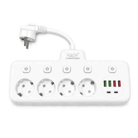 CASA SI GRADINA - Prelungitor cu 4 prize, USB și întrerupător, 2500W,Cablu din Cupru