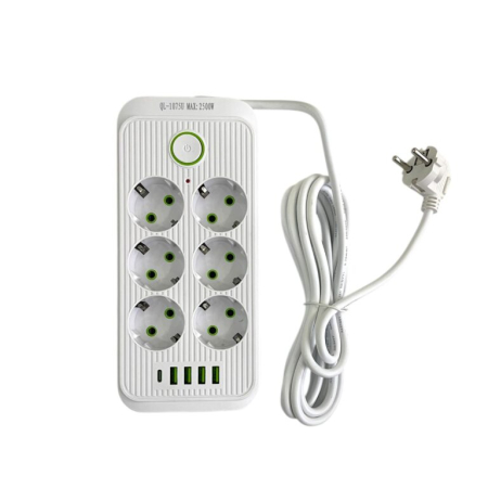 CASA SI GRADINA - Prelungitor cu 6 priza si 4 port usb,Port Type C ,3M, 1 intrerupator ,750c anti inf