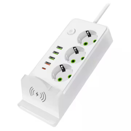 Prelungitoare si accesorii - Prelungitor cu protectie supratensiune, 3000w, 3 prize, incarcare wireless, 4 porturi usb si 1 port USB-C, lungime 2m, intrerupator, alb