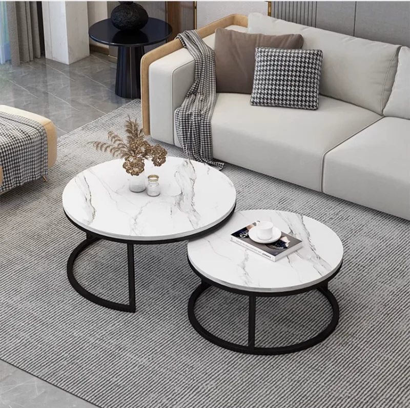 CASA SI GRADINA - Set 2 masute rotunde de cafea cu efect de marmura, diametru 80/80/45 cm, blat MDF, cadru metalic