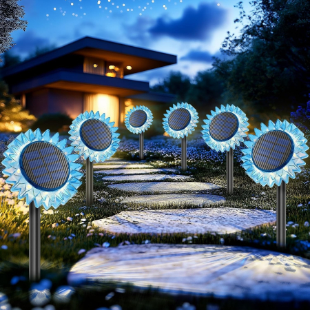 CASA SI GRADINA - Set de 3 Lampii Solare Decorative Floarea-Soarelui | LED Alb Cald | 9 LED-uri | Energie Solara | 35 cm | Albastru