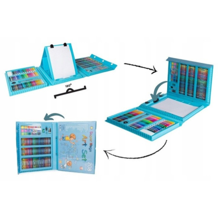Produse copii - Set de desen, fara marca, 208 piese, cutie albastra, 12 culori, pentru copii peste 3 ani, diverse personaje, XXL, setul include: creioane colorate