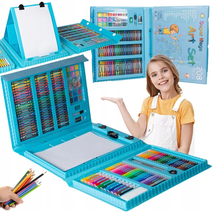 Set de desen, fara marca, 208 piese, cutie albastra, 12 culori, pentru copii peste 3 ani, diverse personaje, XXL, setul include: creioane colorate [1]