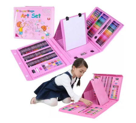 Produse copii - Set de pictura si desen pentru copii, LuckyLu®, 208 piese, creativitate, creioane colorate, carioci, pasteluri de ulei si acuarele, non-toxice, 34x35.5x5, roz