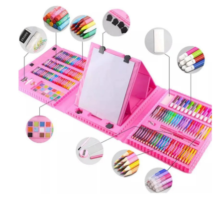 Set de pictura si desen pentru copii, LuckyLu®, 208 piese, creativitate, creioane colorate, carioci, pasteluri de ulei si acuarele, non-toxice, 34x35.5x5, roz [3]