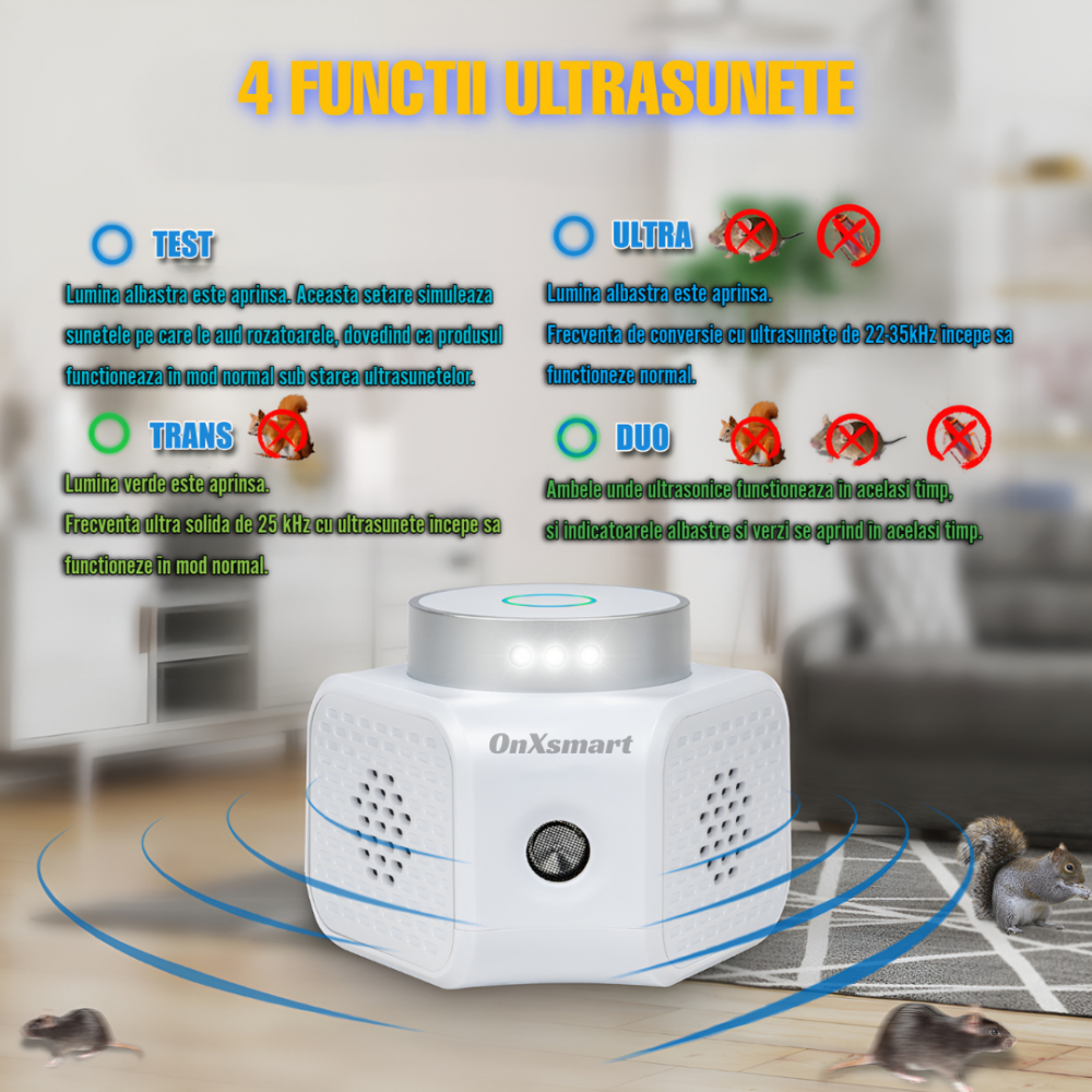 Aparat cu ultrasunete antirozatoare OnXsmart®, anti-sobolani, Acoperire 360 grade, pana la 120 m2, indicator luminos cu senzor, 4 moduri de utilizare, conectare la priza [9]