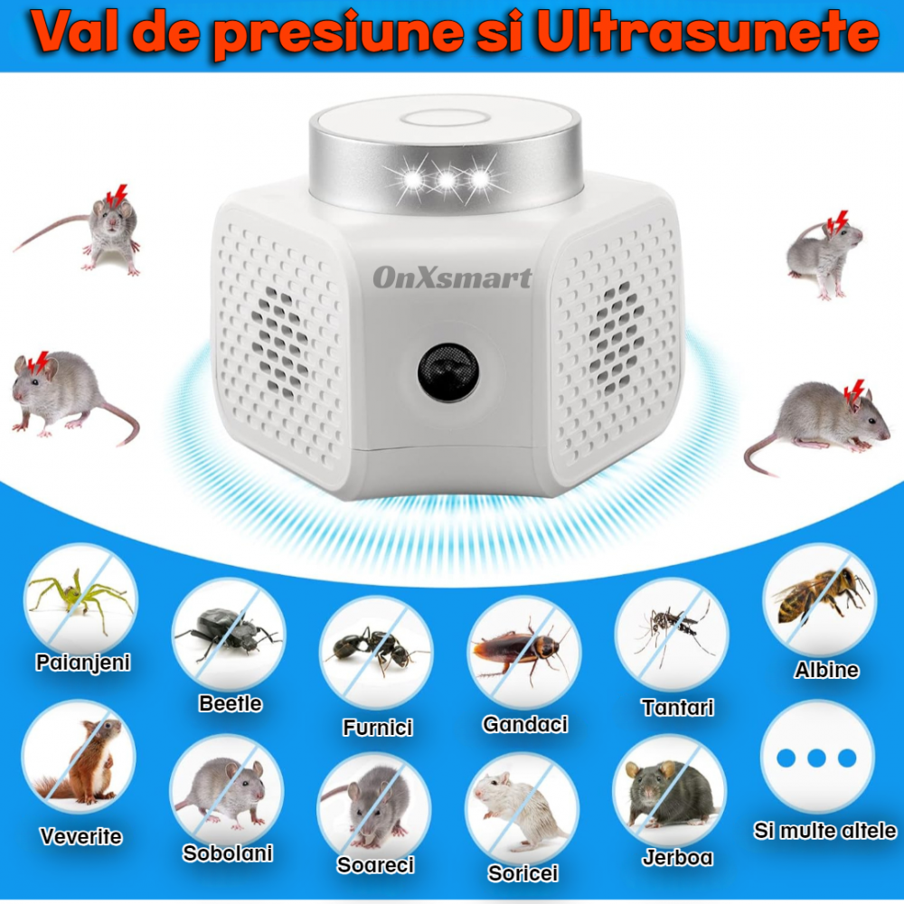 Aparat cu ultrasunete antirozatoare OnXsmart®, anti-sobolani, Acoperire 360 grade, pana la 120 m2, indicator luminos cu senzor, 4 moduri de utilizare, conectare la priza [2]