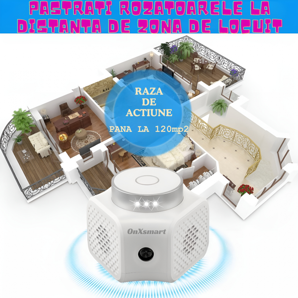 Aparat cu ultrasunete antirozatoare OnXsmart®, anti-sobolani, Acoperire 360 grade, pana la 120 m2, indicator luminos cu senzor, 4 moduri de utilizare, conectare la priza [5]