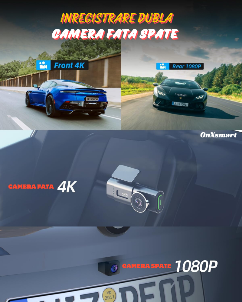 Camera auto de bord DVR OnXsmart® 4K UHD 2160P + 1080P, inregistrare dubla fata si marsarier, GPS, Aplicatie mobila, Loop recording, Nightvision, G-Sensor, Instructiuni vocale, Unghi filmare 170°, Car [2]