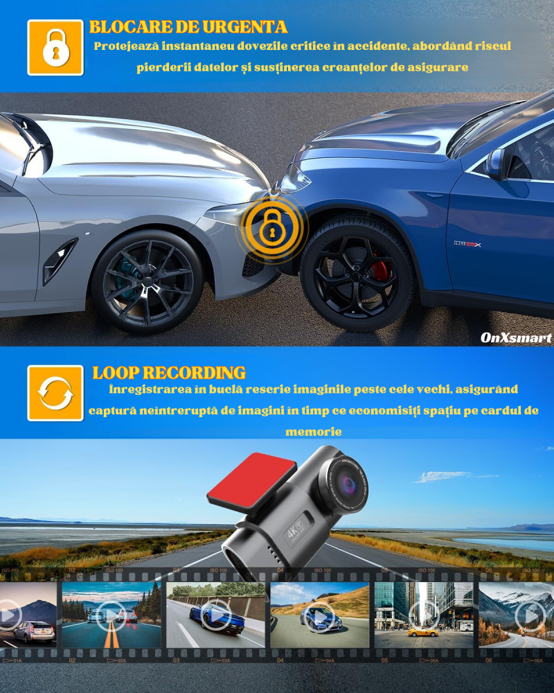Camera auto de bord DVR OnXsmart® 4K UHD 2160P + 1080P, inregistrare dubla fata si marsarier, GPS, Aplicatie mobila, Loop recording, Nightvision, G-Sensor, Instructiuni vocale, Unghi filmare 170°, Car [5]