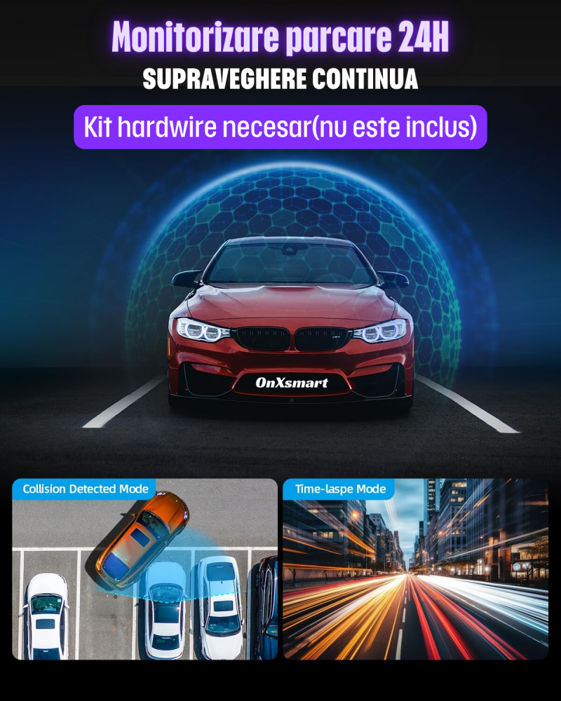 Camera auto de bord DVR OnXsmart® 4K UHD 2160P + 1080P, inregistrare dubla fata si marsarier, GPS, Aplicatie mobila, Loop recording, Nightvision, G-Sensor, Instructiuni vocale, Unghi filmare 170°, Car [4]