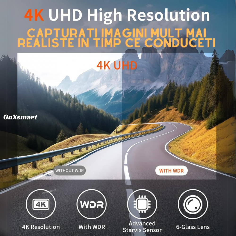 Camera de bord auto DVR OnXsmart®, 4k 2160P UHD, Starvis senzor, WDR, Unghi filmare 170°, Starlight NIGHT VISION, aplicatie WIFI, G-senzor, Loop recording, Monitorizare parcare, CARD SD 32gb inclus [5]