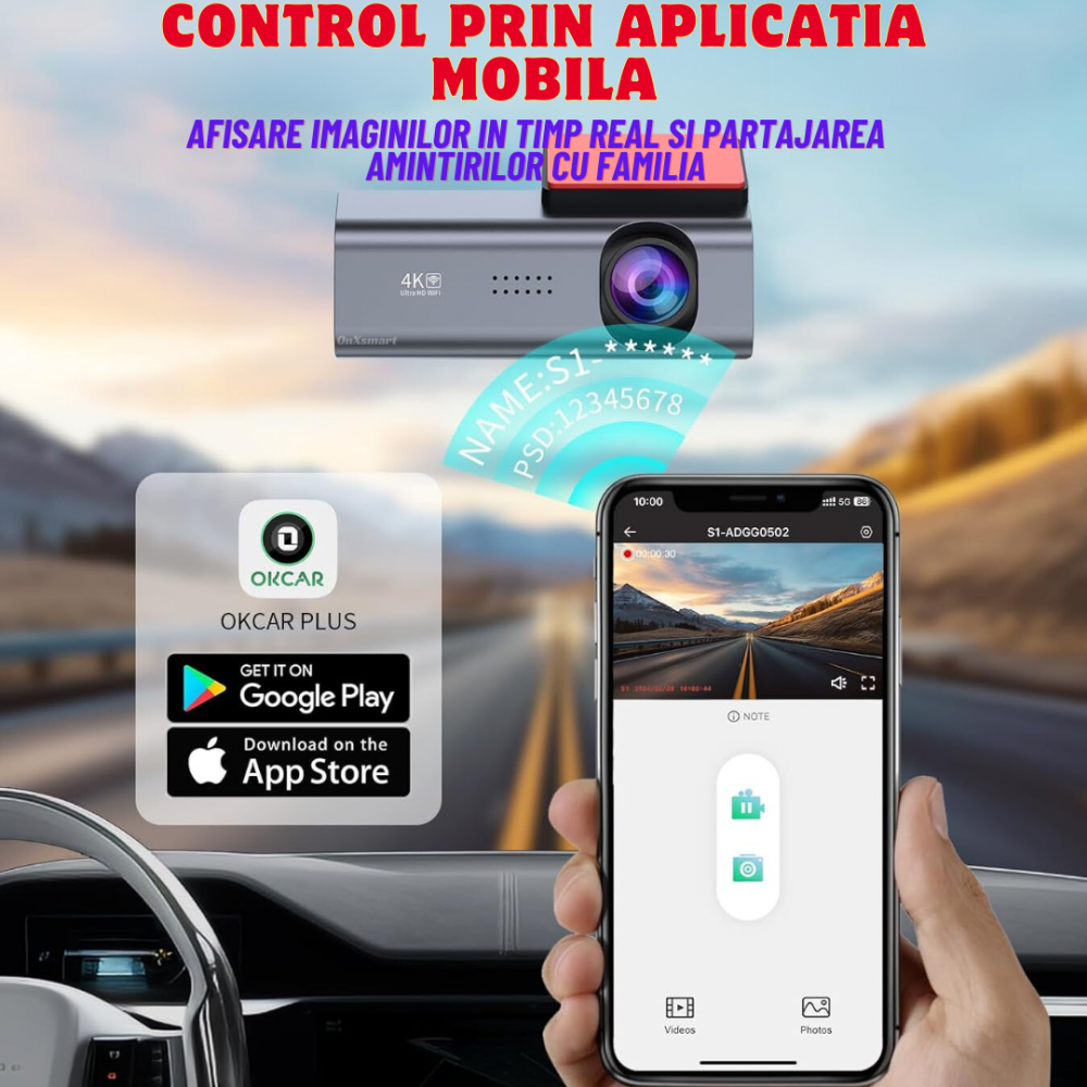 Camera de bord auto DVR OnXsmart®, 4k 2160P UHD, Starvis senzor, WDR, Unghi filmare 170°, Starlight NIGHT VISION, aplicatie WIFI, G-senzor, Loop recording, Monitorizare parcare, CARD SD 32gb inclus [6]